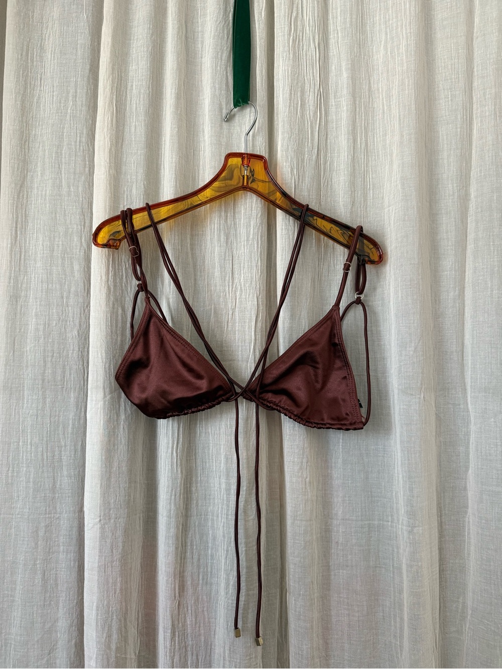 South beach Satin Triangle bikini swimsuit top chocolate Brown extra long ties